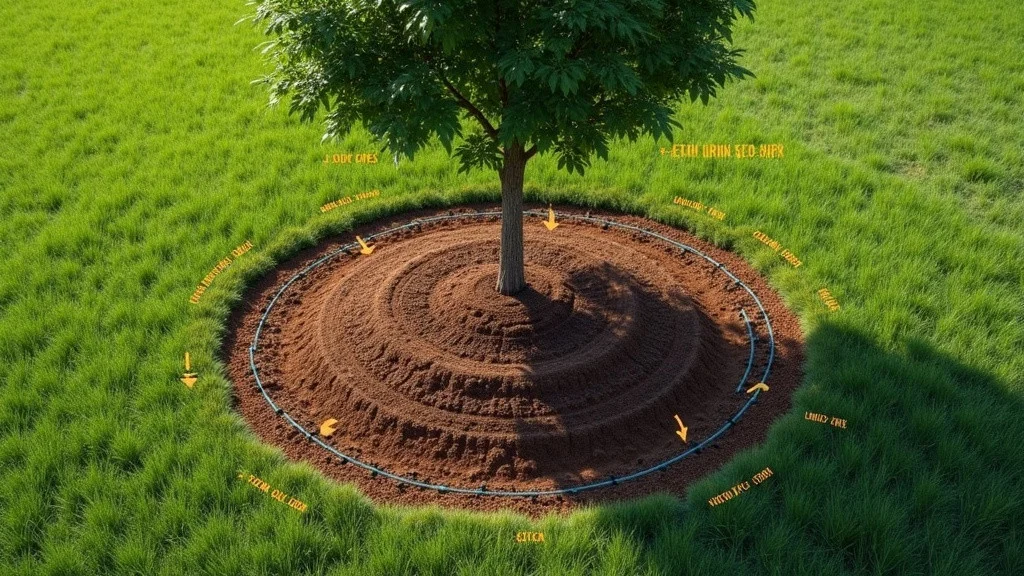 Overhead view diagram of proper mulch ring placement around a newly planted B&B tree showing trunk clearance zone mulch depth indicated with measurement arrows