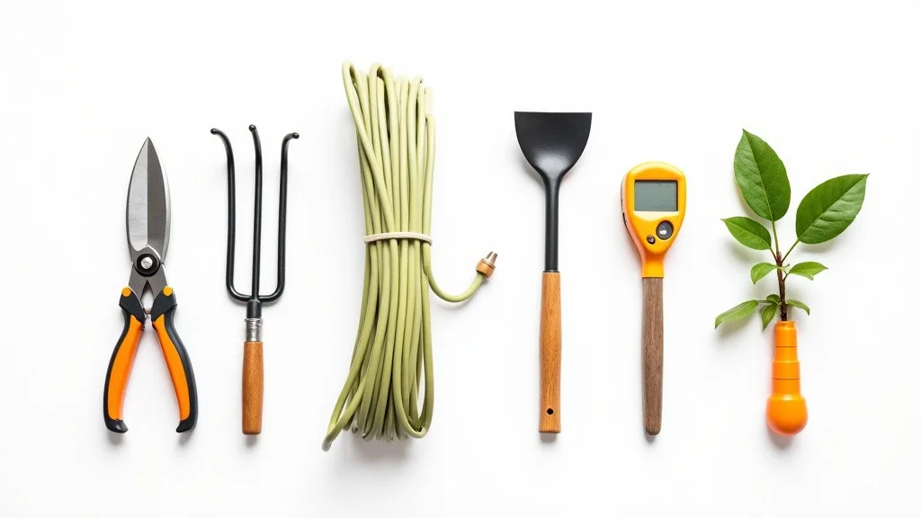 Overhead flat-lay botanical illustration of seasonal garden maintenance tools arranged by season — spring pruning shears summer moisture meter and soaker hose fall mulch and bulb bags
